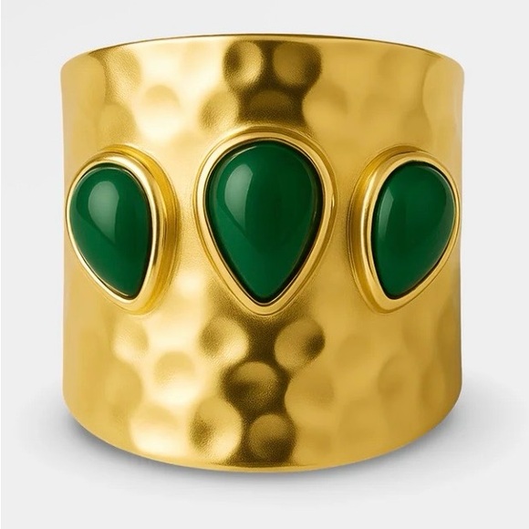 Anthro Ring - Hammered 14k Gold Plated Cuff Ring With Green Stone Accents - Picture 2 of 8